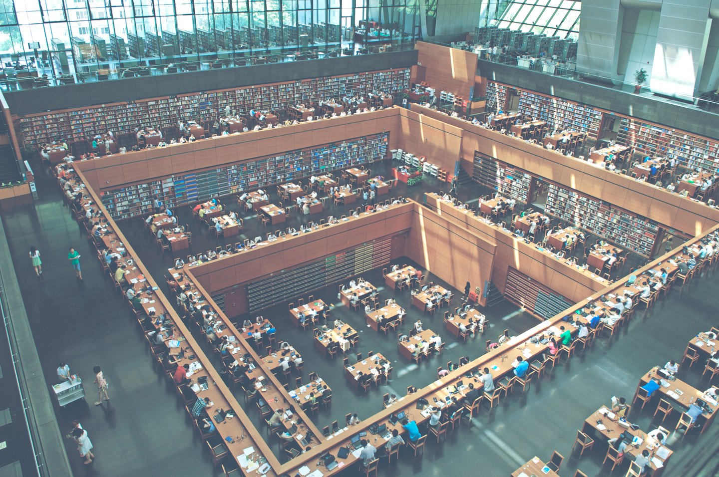 Students studying at wooden tables in a multi-level university library.